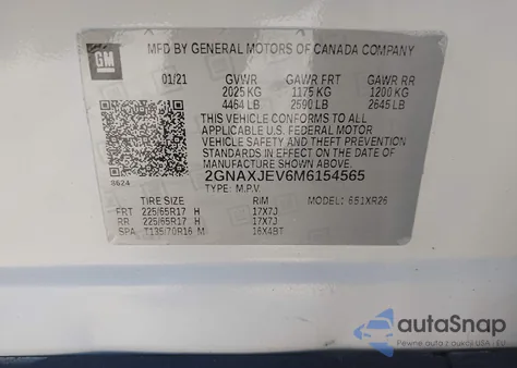 2021 Chevrolet Equinox Fwd 2Fl z USA, uszkodzony, nr VIN 2GNAXJEV6M6154565